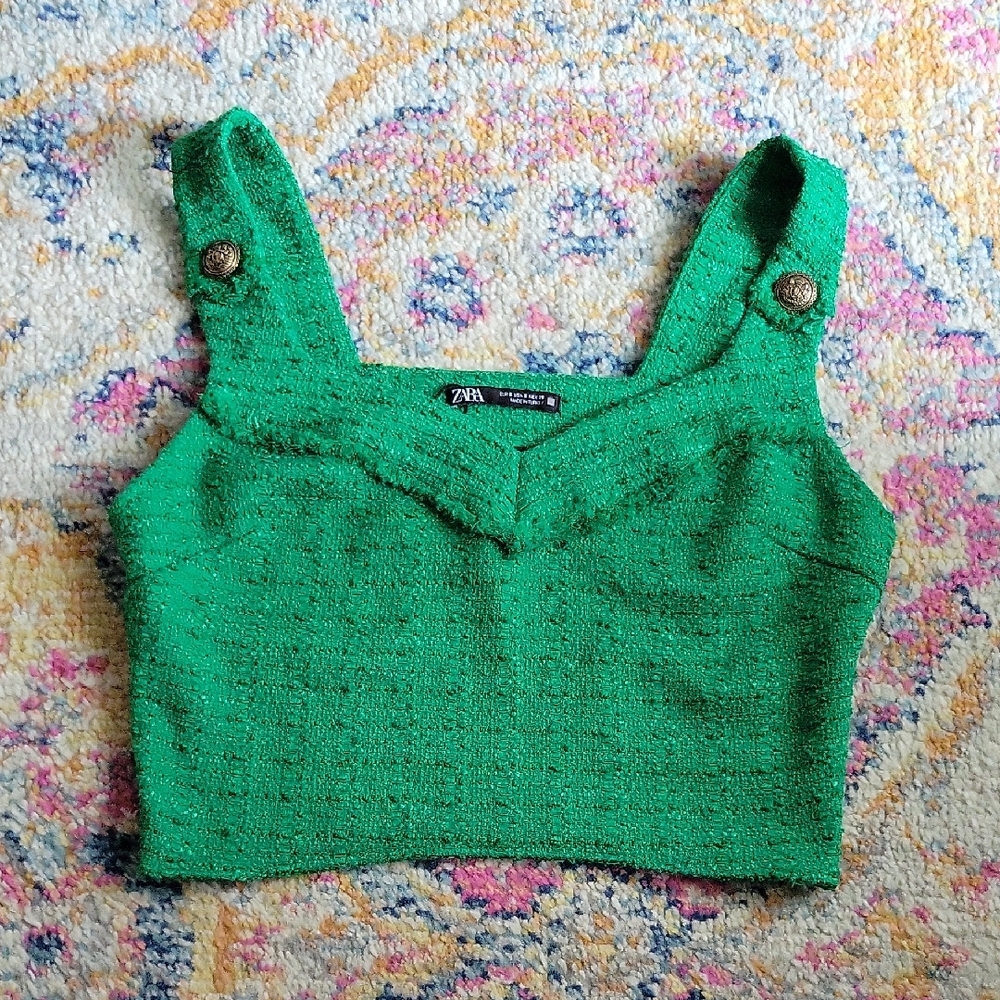 Zara Textured Green Tweed Top with Brass Buttons and Raw Edge Detail Size Small
